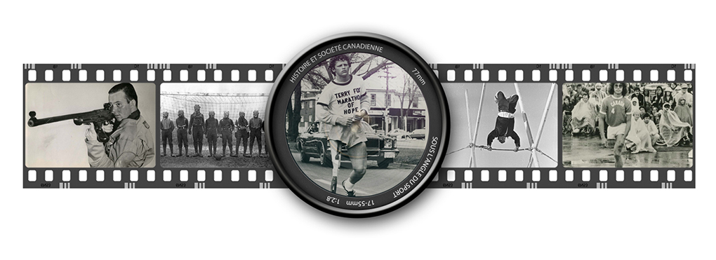 Film strip of images with photos of Gerry Ouellette, 1944 Grey Cup Team, Terry Fox, Arctic Sports and Arnold Boldt.