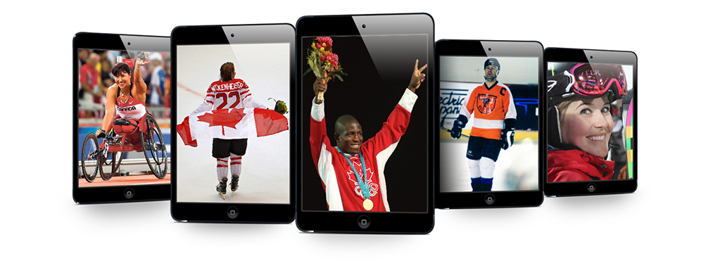Cell phone strip of images with photos of Chantal Petitclerc, Hayley Wickenheiser, Daniel Igali, Jim Butters and Sarah Burke.