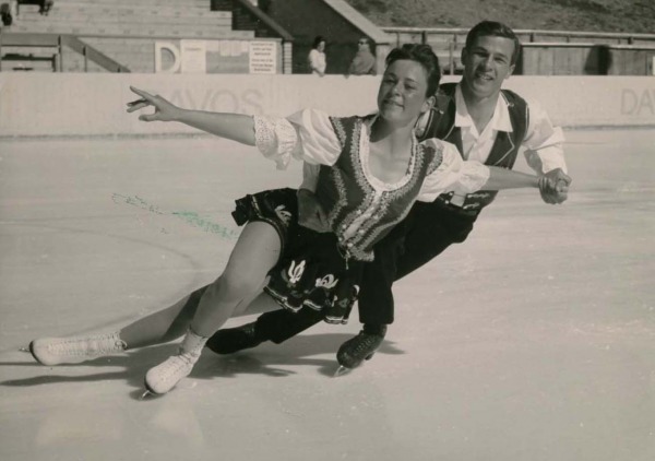 photograph of Maria and Otto Jelinek skating in ethnic costumes