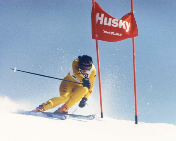 photograph of Gerry Sorenson skiing downhill