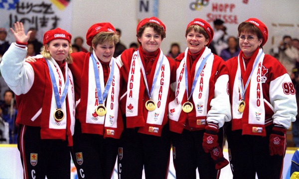 photograph of Sandra Schmirler rink with gold medals