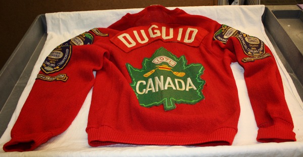 red jacket worn by Don Duguid with maple leaf