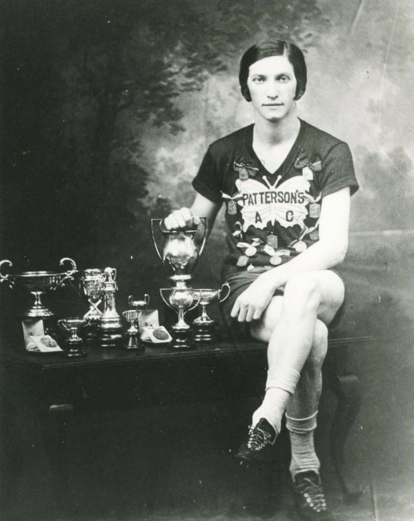 photograph of Bobbie Rosenfeld with trophies