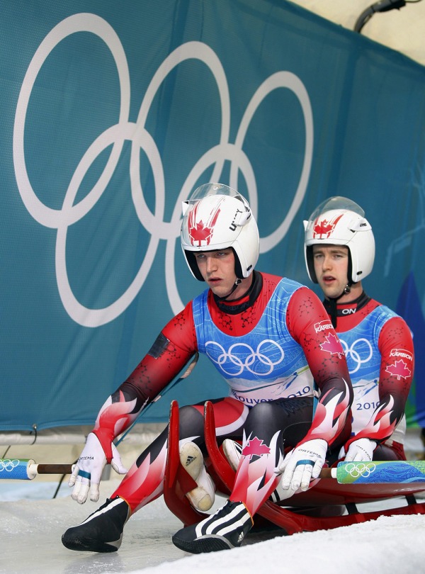 photograph of Chris and Mike Moffat at luge start