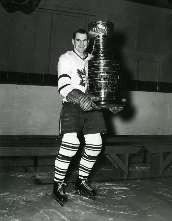 photograph of Syl Apps holding the Stanley Cup