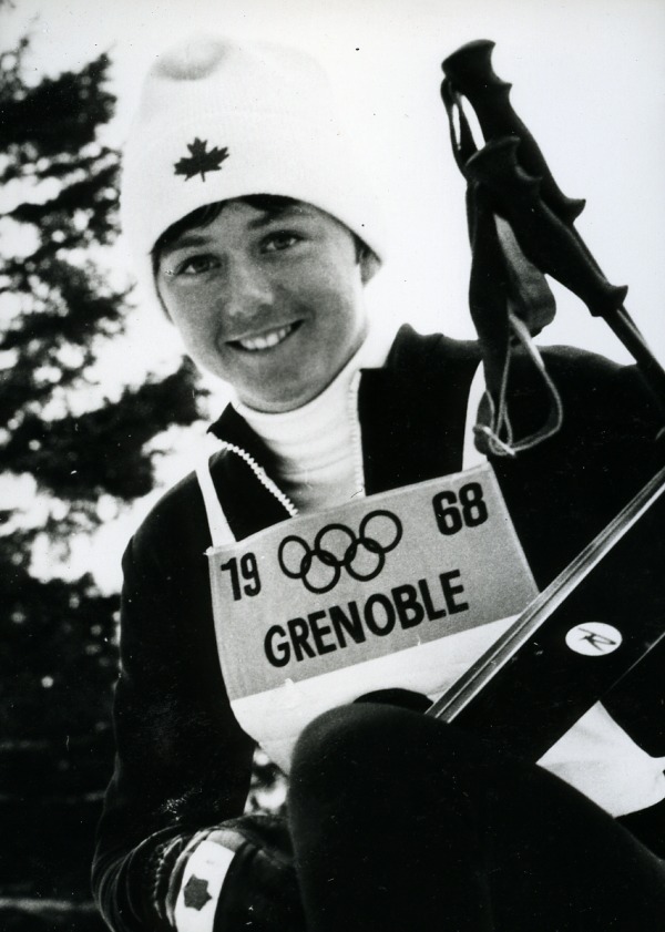 photograph of Nancy Greene wearing 1968 Grenoble ski bib