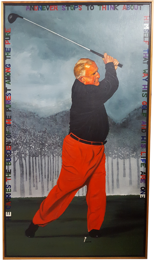Oil on wood painting of Moe Norman swinging a golf club