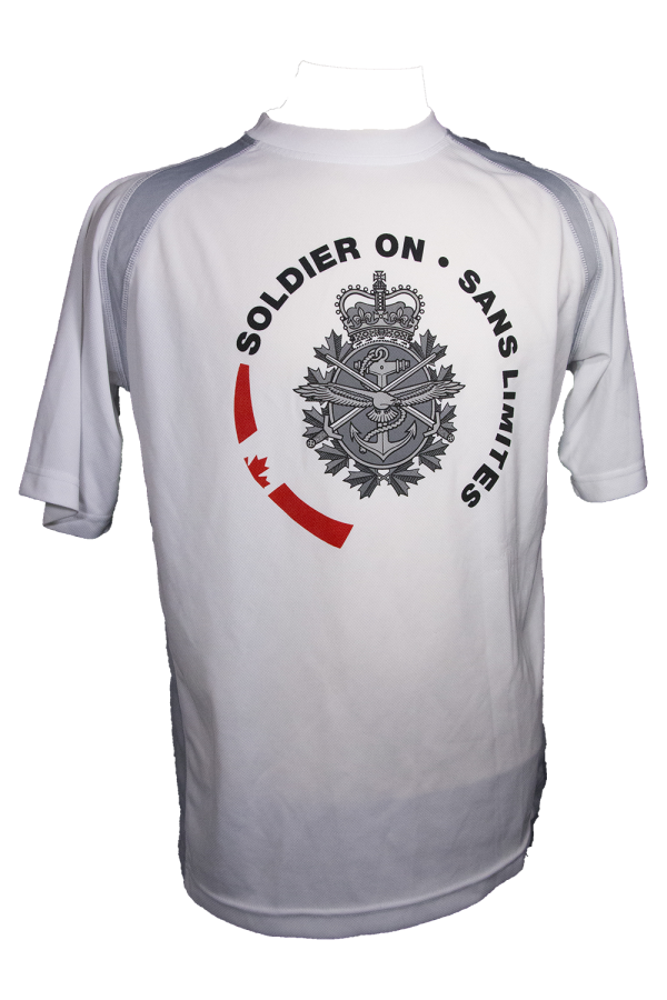 white T-shirt with logo for Soldier On Program