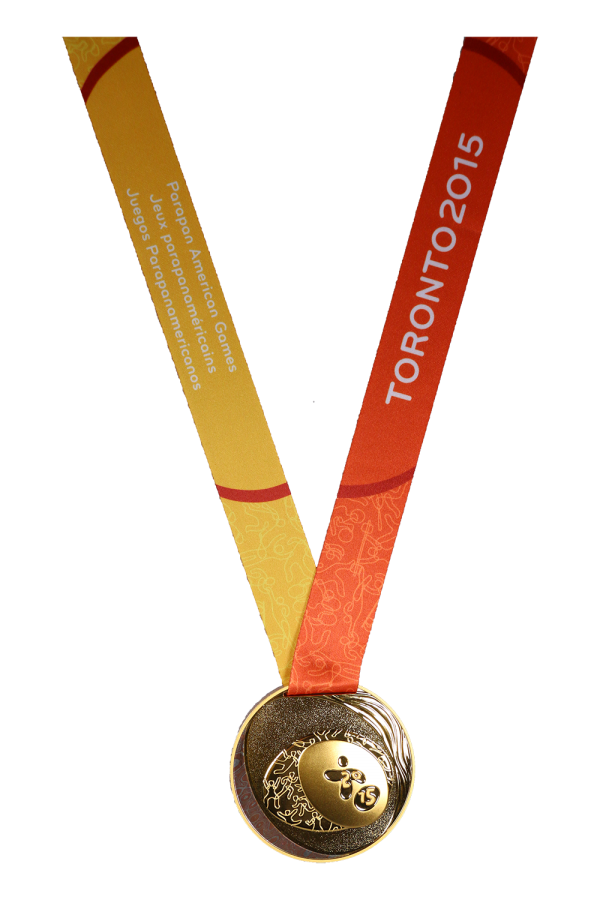 gold medal with Games logo on yellow and orange ribbon