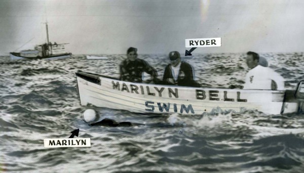photograph of boat with Marilyn Bell in water