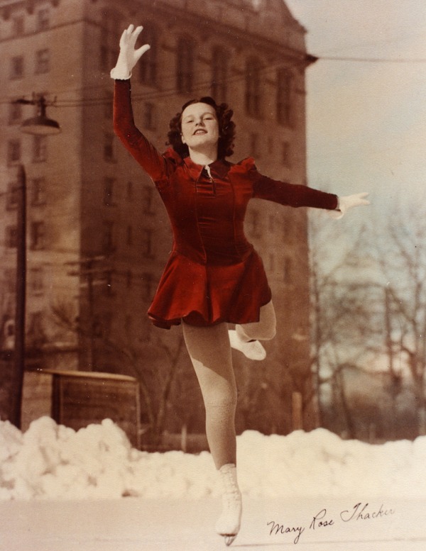 photograph of Mary Rose Temple Thacker skating in red dress