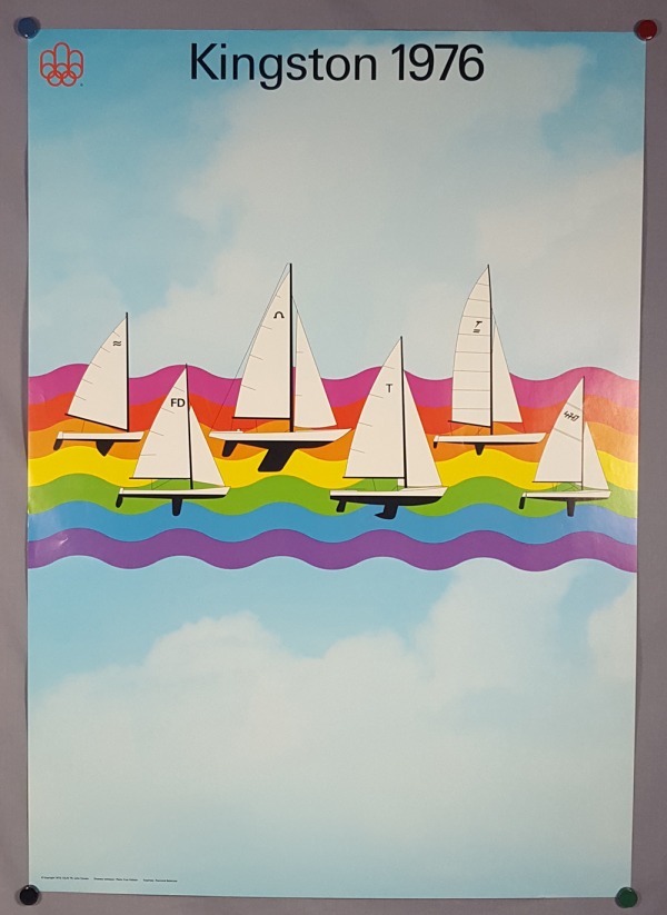 poster with six sail boats on multicolour wave