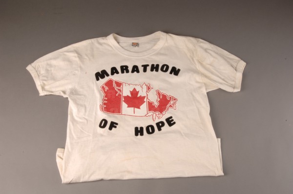 white T-shirt with map of Canada and MARATHON OF HOPE worn by Terry Fox