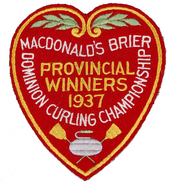 red heart shaped crest which reads MacDonald's Brier Dominion Curling Championship, Provincial Winners 1937