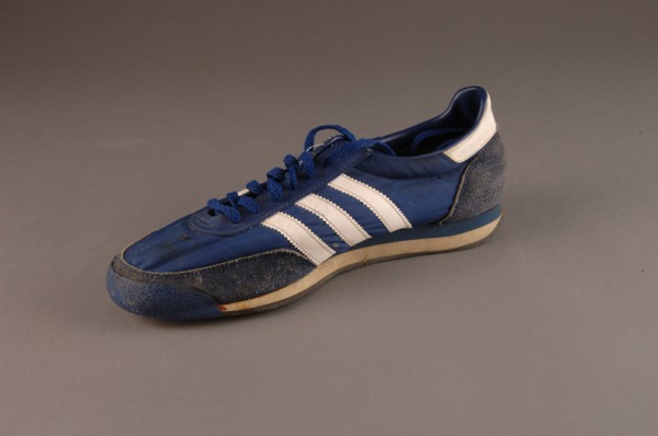 blue running shoe with diagonal stripes worn by Terry Fox