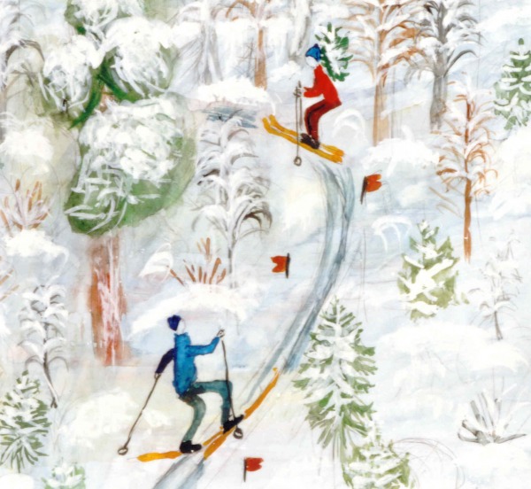 painting poster paint on paper of skiers in woods