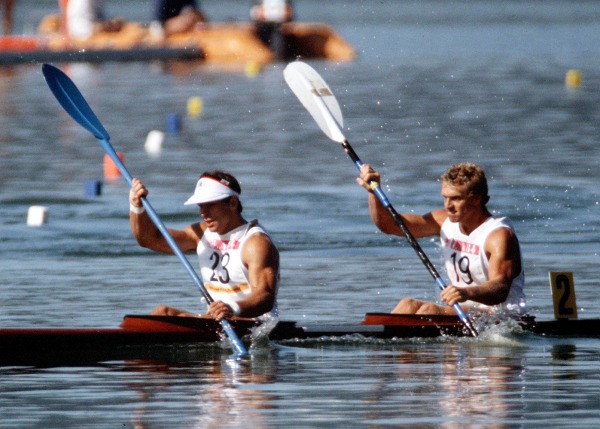 photograph of Alwyn Morris and Hugh Fisher competing in kayak race