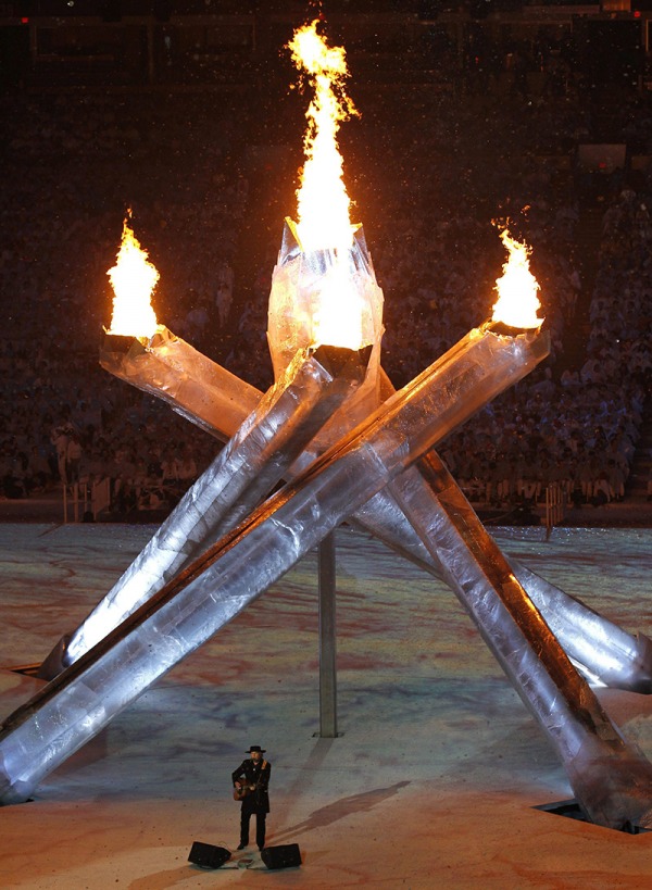 photograph of Olympic cauldron with five arms lit