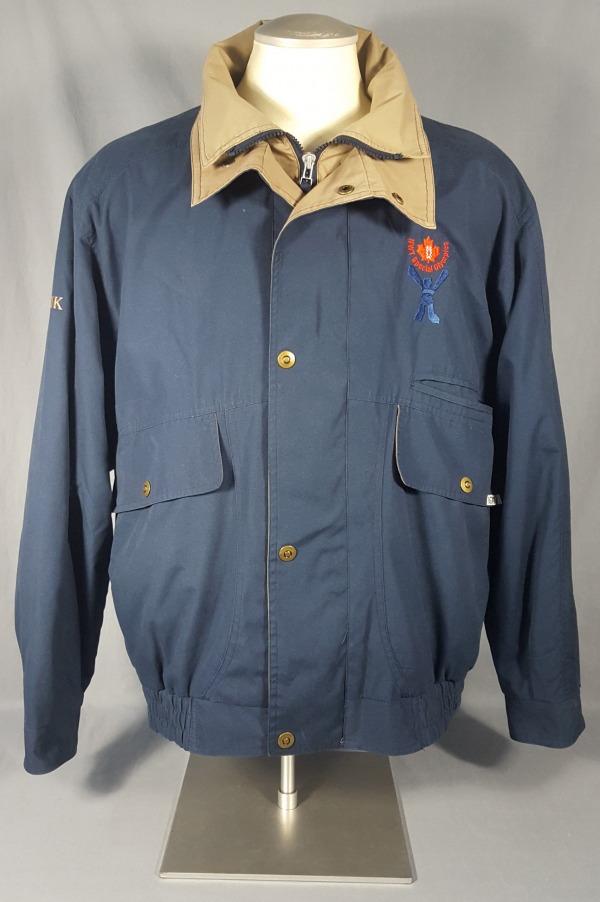 navy blue jacket with brown collar worn by Frank Hayden.  Special Olympics Northwest Territories logo on left breast