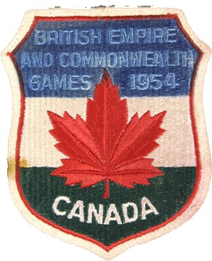 Crest with red maple leaf and reads British Empire and Commonwealth Games 1954 Canada