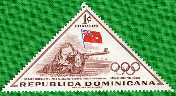 triangular shaped postage stamp with image of Gerald Ouellette shooting - Melbourne 1956 - Republica Dominicana 1 Correos
