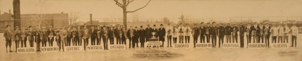photograph 1929 curling teams with Brier trophy