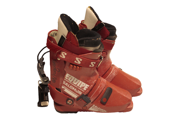 red alpine ski boots signed by Karen Percy